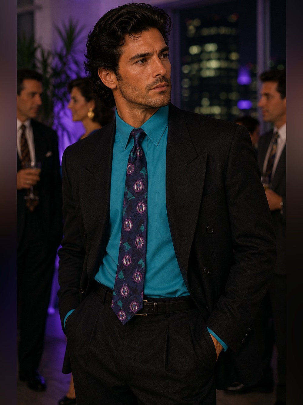 Men’s Talbot Studio Neck Tie with Teal, Purple on Navy in a 90’s abstract design
